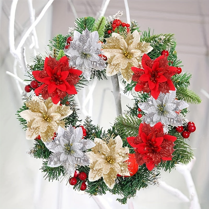 5pcs Glitter Christmas Flowers Xmas Tree Ornaments Decorations