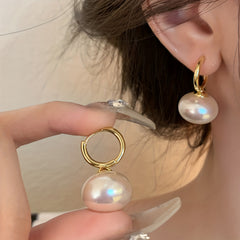 Metal Baroque Pearl Earrings Pop Pendant Flat Pearl Earrings