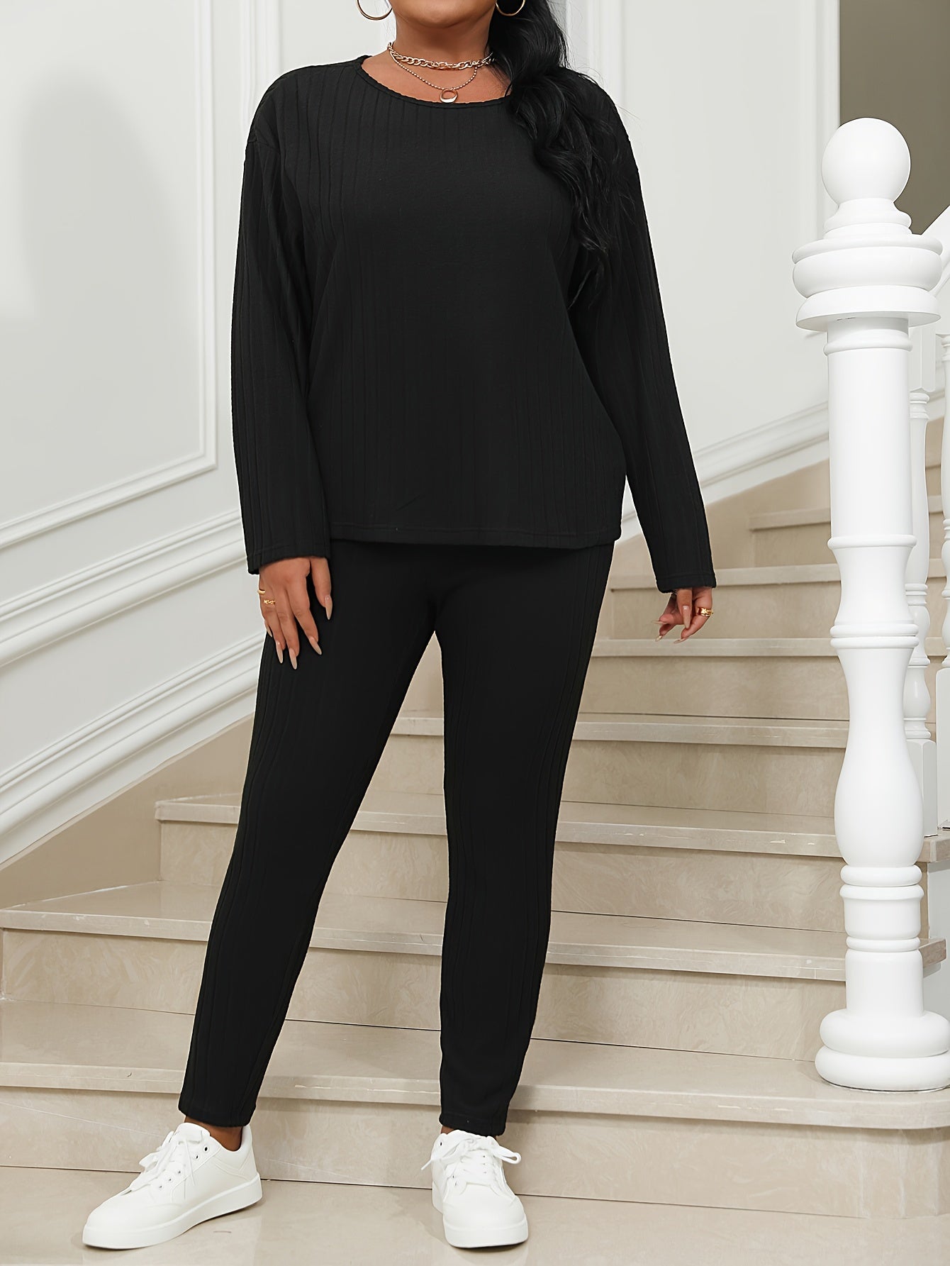 Ribbed Knit Long Sleeve T shirt & Leggings Set
