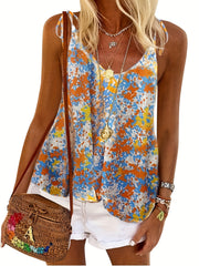 Casual Cami Top Random Print Round Neck Tie Shoulder