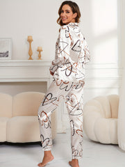 Heart Print Pajama Set Long Sleeve Buttons Top & Elastic Waistband Pants