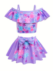 Girl's Geometric Print Bikini Set with Camisole Top & Skirt