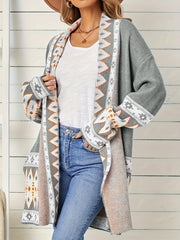 Geometric Print Open Front Cardigan with Pockets