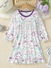 Girl's Dancing Girl Print Pajama Nightdress Round Neck Long Sleeve Dress
