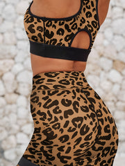 Leopard Print Sports Set U Neck Criss Cross Sports Bra & Shorts Women's Activewe