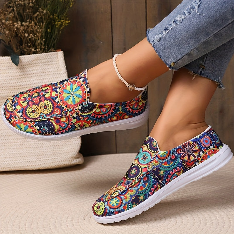 Women's Printed Canvas Slip On Low Top Shoes Comfy Walking Loafers