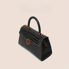 Faux Alligator Grain Handbag with Golden Tone Metal Emblems