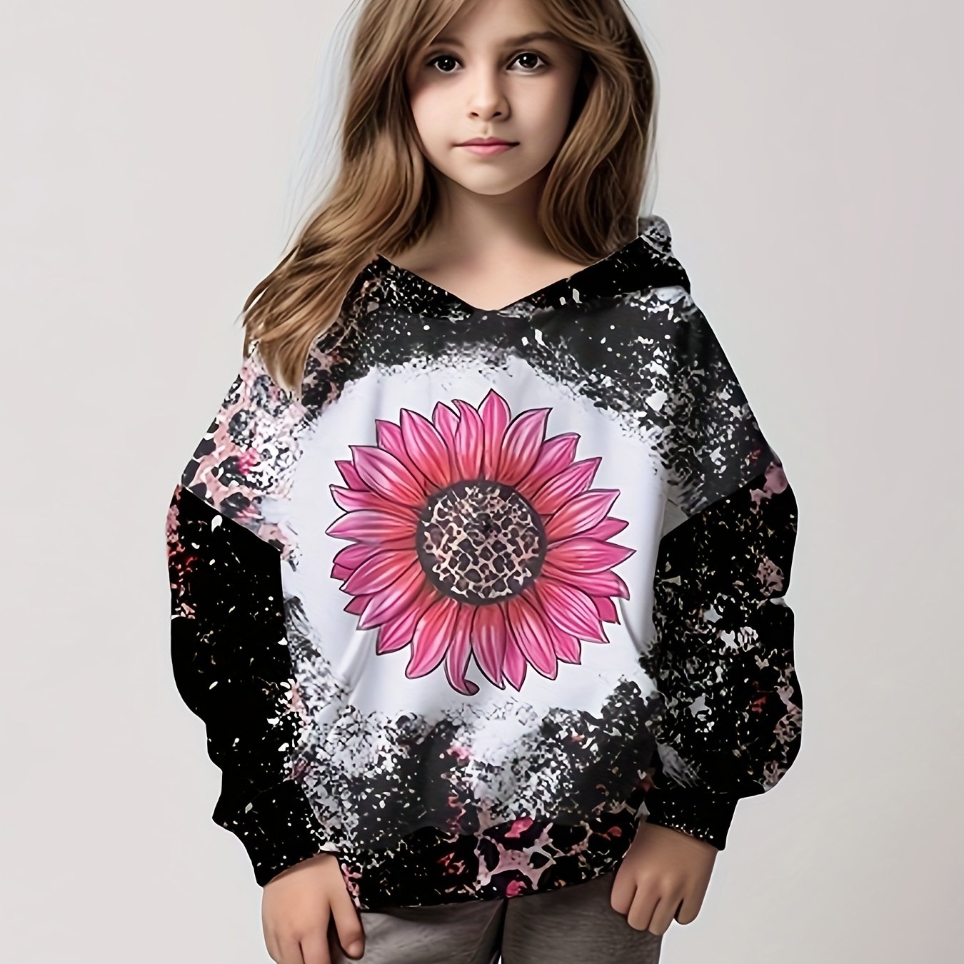 3D Sunflower Graphic Leopard Print Hoodies Girls Comfy Pullover Tops