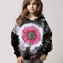 3D Sunflower Graphic Leopard Print Hoodies Girls Comfy Pullover Tops
