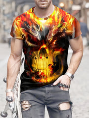3D Burning Skull Print Men's Short Sleeve T-shirt Graphic Tee