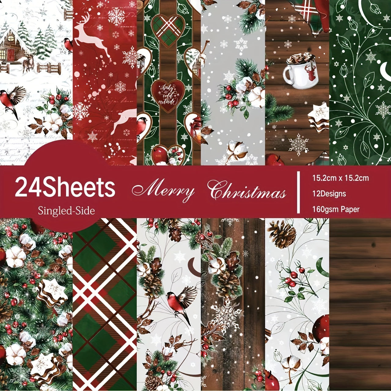 24pcs Christmas Scrapbook Paper Vintage Patterns Crafting Supplies