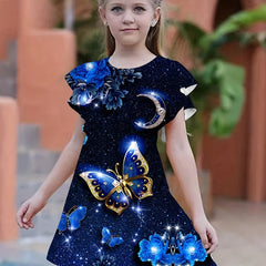 3D Butterfly Graphic Dress Girls Short Sleeve Party Gift Summer