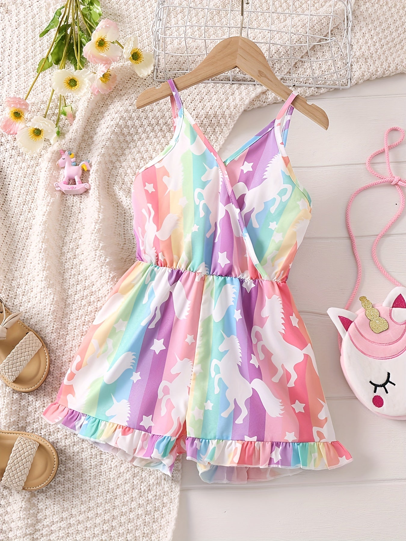 Girls Ditsy Floral & Rainbow Print Frilled Suspender Romper