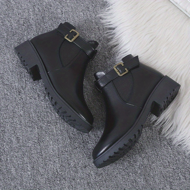 Solid Chunky Heel Boots Buckle Strap Short Boots Comfortable