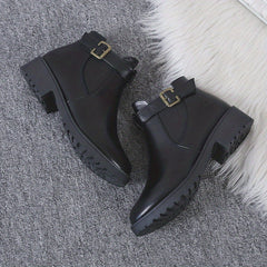 Solid Chunky Heel Boots Buckle Strap Short Boots Comfortable