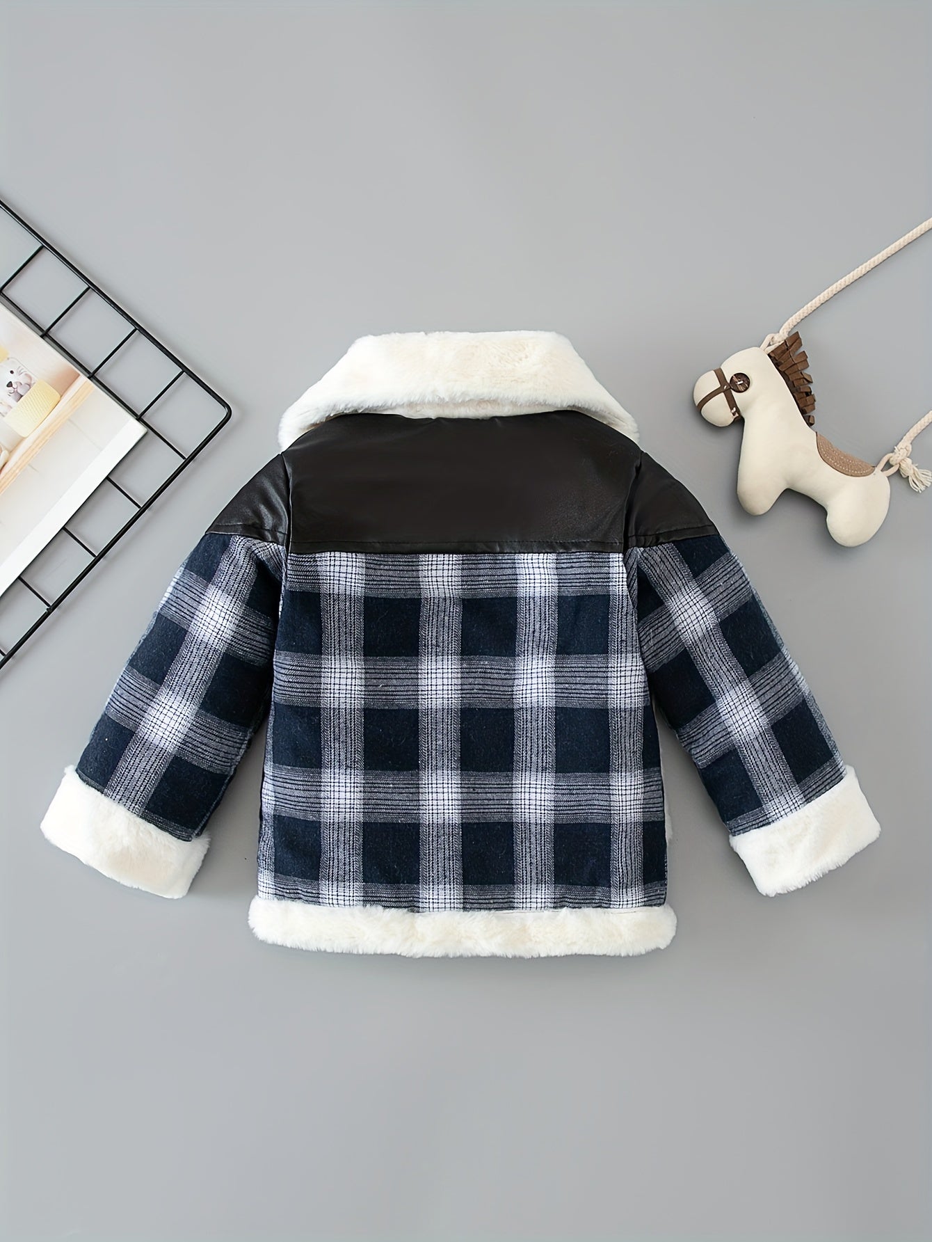 Boys Fleece Jacket Plaid Stitching Leather Winter Coat