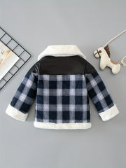 Boys Fleece Jacket Plaid Stitching Leather Winter Coat
