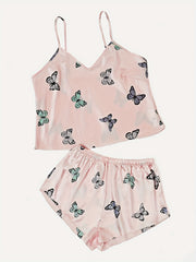 Butterfly Print Pajama Set V Neck Cami Top & Shorts Women's Sleepwear