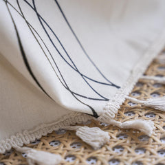 Boho Linen Striped Print Semi Blackout Cream Curtains With Beige Tassel