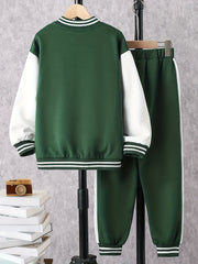 Boy's Preppy Style Baseball Jacket & Sweatpants Set