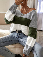 Striped V-Neck Sweater Long Sleeve Jumper