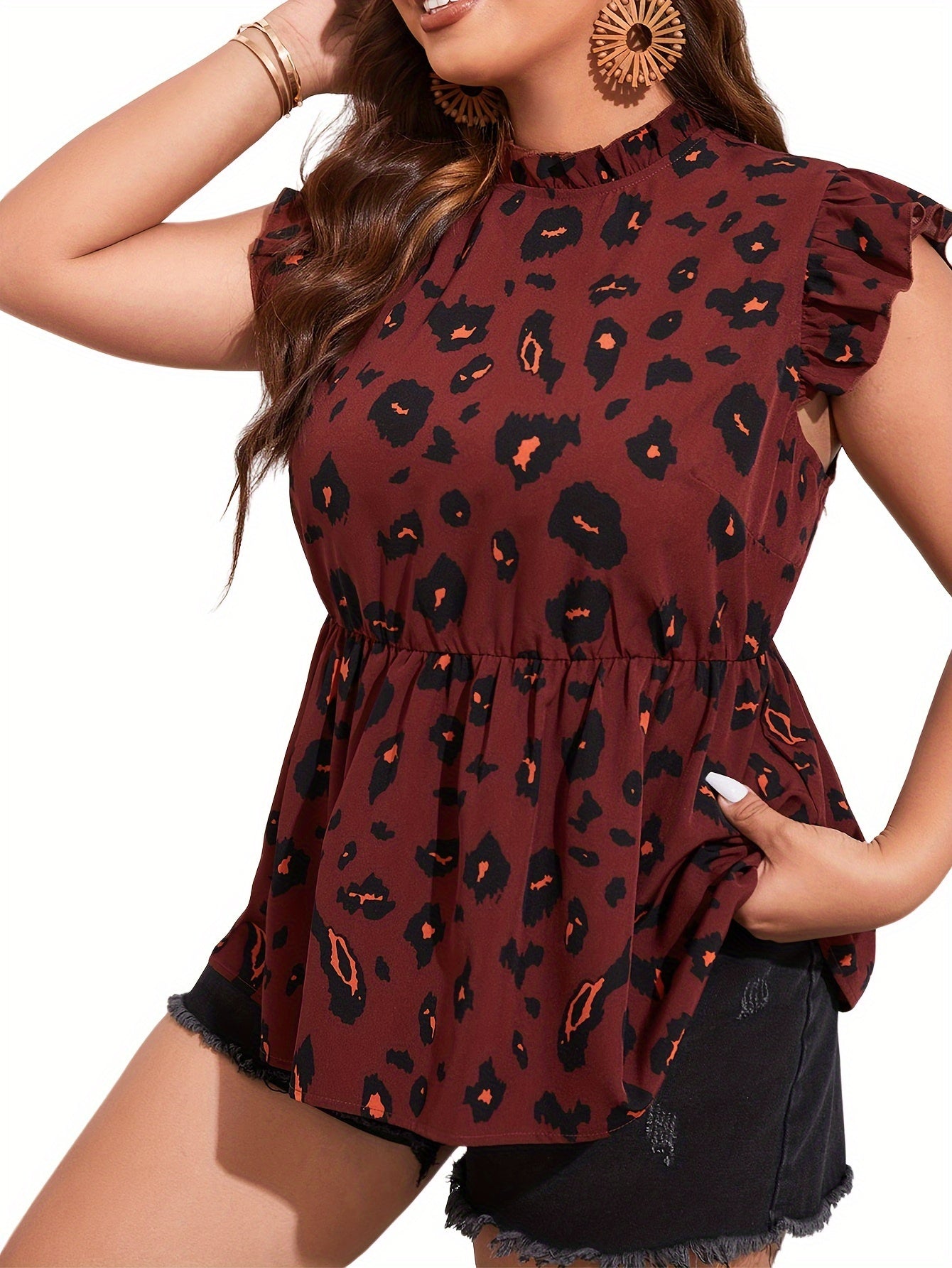 Leopard Print Ruffle Trim Peplum Shirt Top