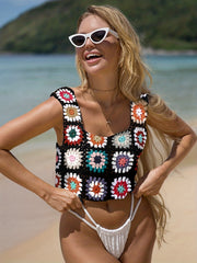 Knitted Flower Cover Up Top Square Neck