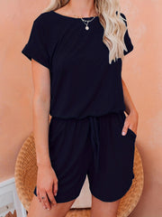 Drawstring Waist Romper Jumpsuit Short Sleeve Casual