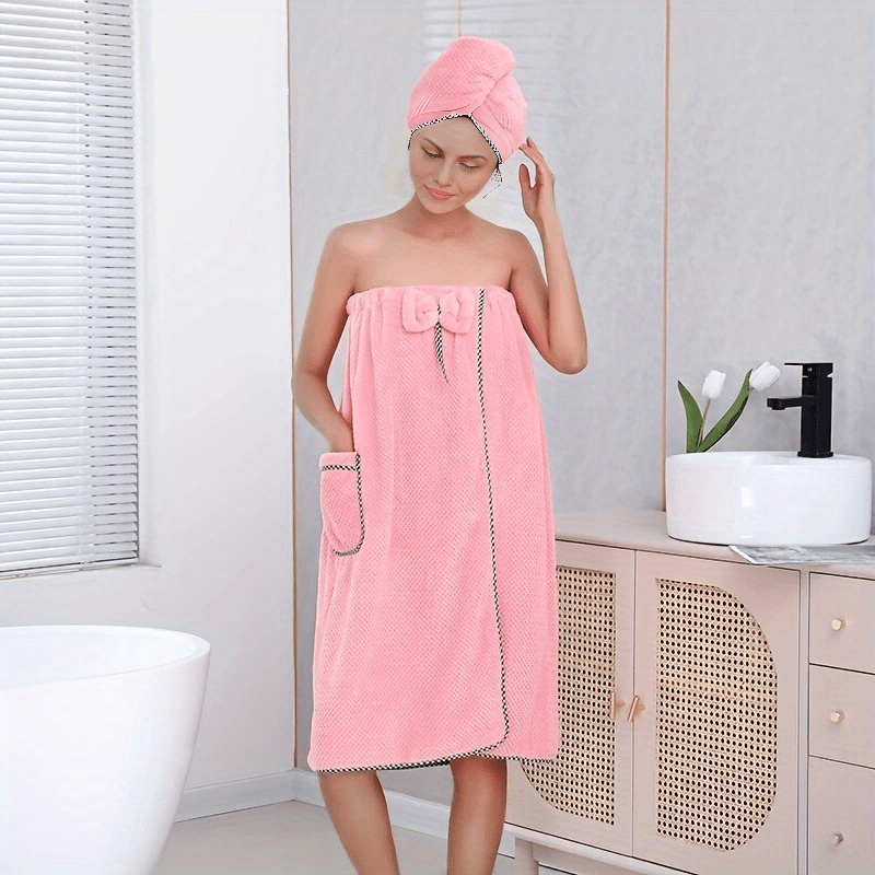 2pcs Wearable Bath Towel And Hair Towel Bowknot Adjustable Bath Skirt