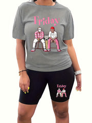 Cartoon Figure & Letter Print Top & Shorts Set