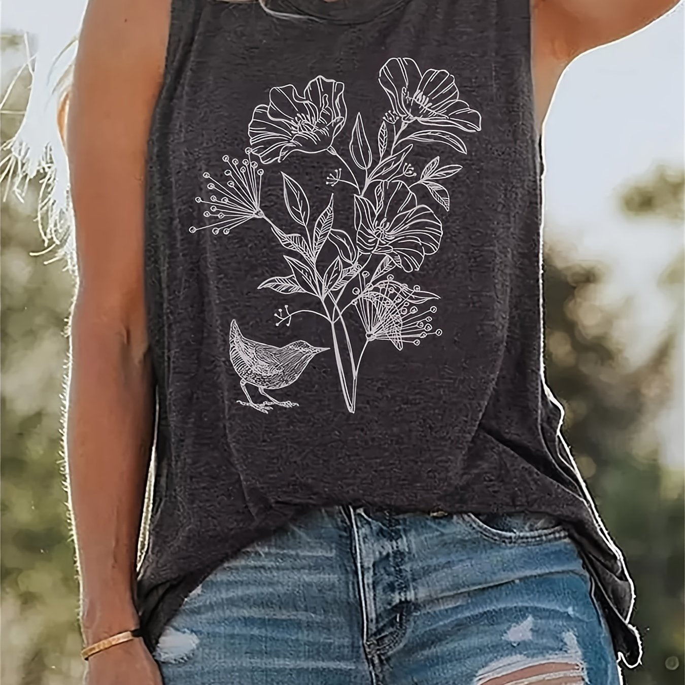 Floral Print Tank Top Sleeveless Crew Neck Casual Top