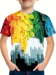 Boys' Gradient Blocks T Shirt Casual & Stretchy Tee For Summer Activities