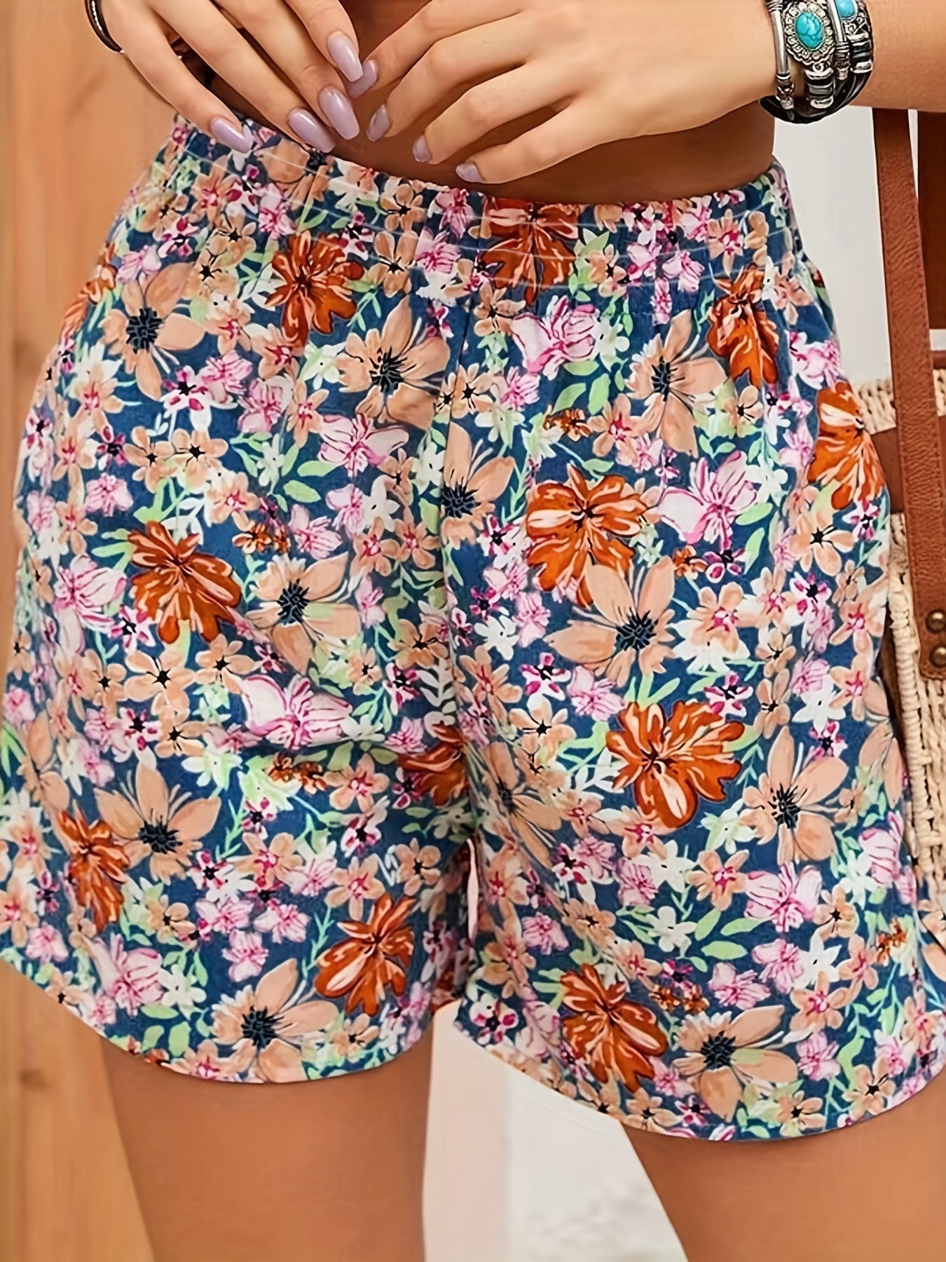 Vacay Shorts Women's Plus Ditsy Floral Print Elastic Waist