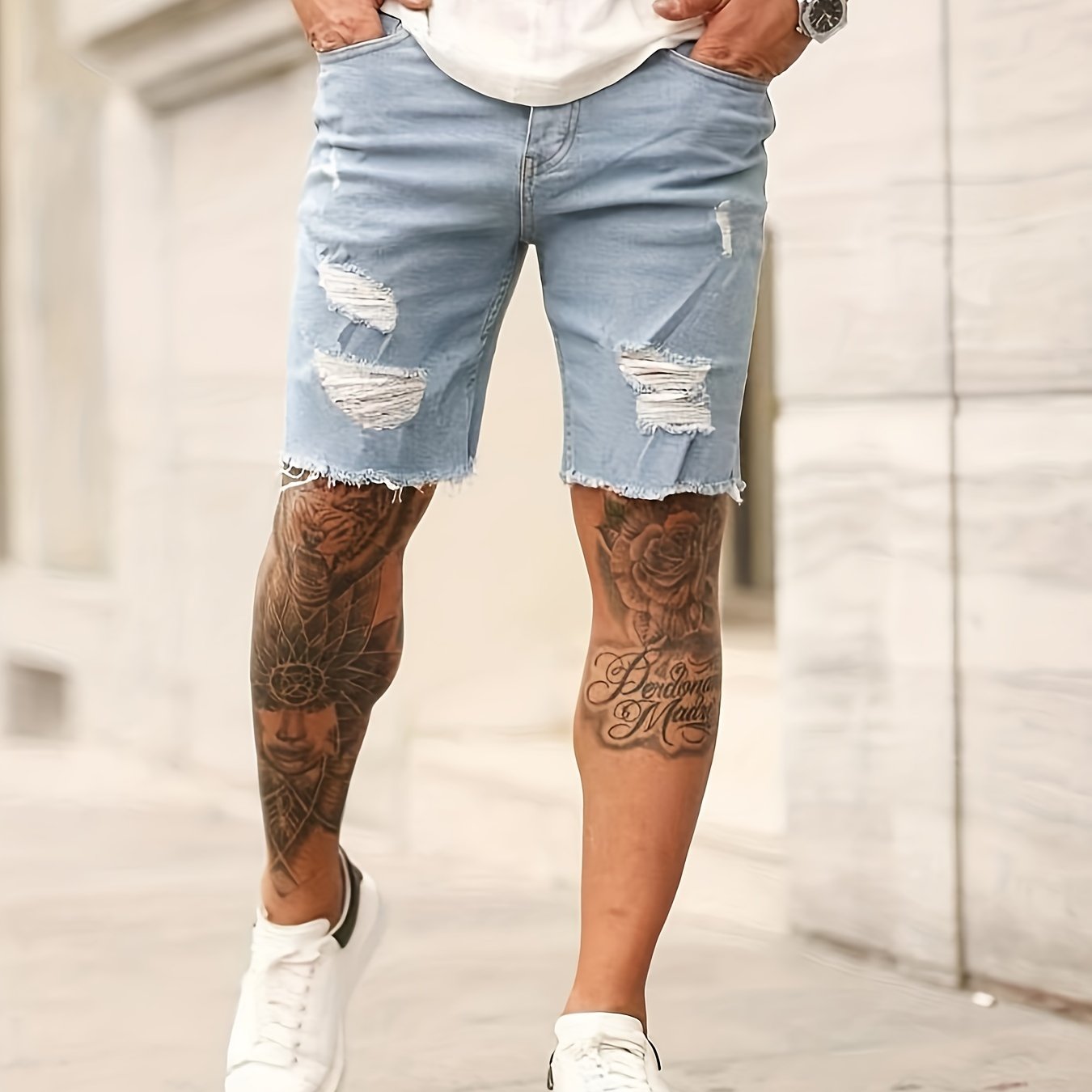 Men's Ripped Denim Shorts Casual Street Style Distressed Medium Stretch