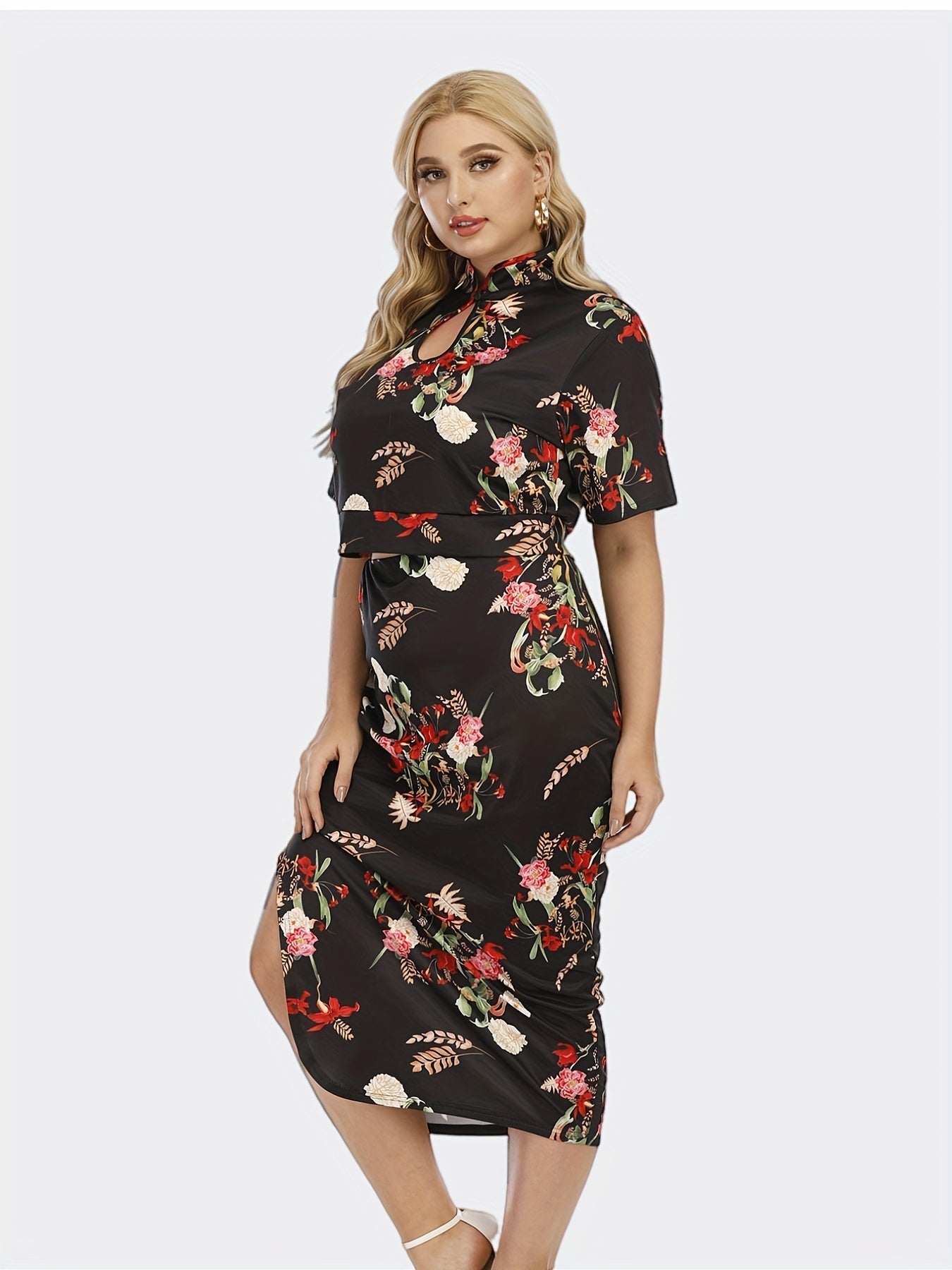 Women's Plus Floral Print Cut Out Crop Top & Bodycon Skirt Set