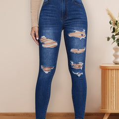 Ripped High Rise Skinny Jeans Stretchy Denim Pants