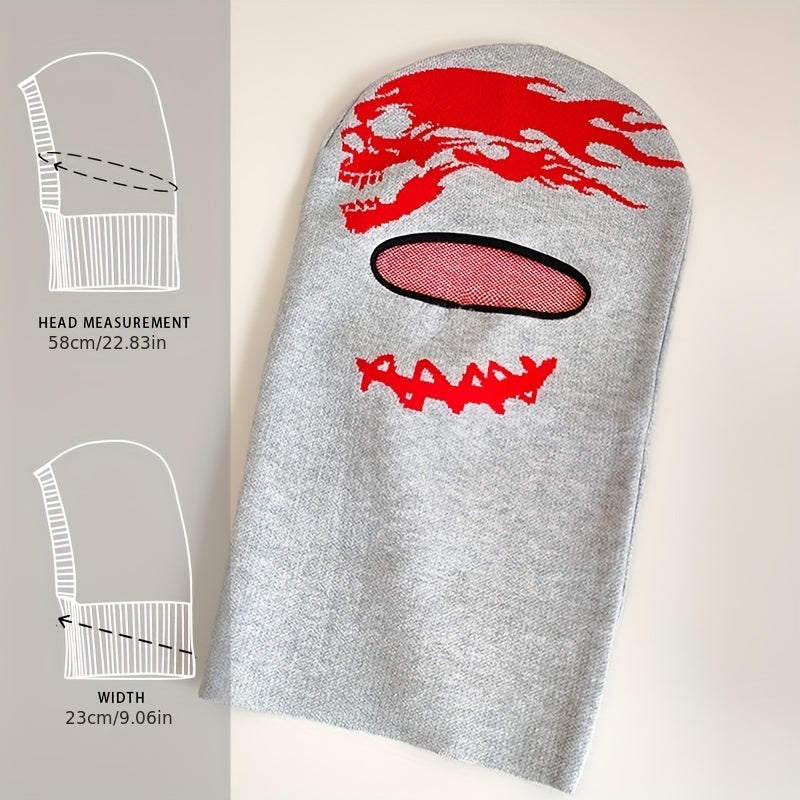 Red Skull Jacquard Balaclava Gray Unisex Ski Mask Knitted Warm Beanie