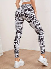Vintage Style Printed Letter Sports Yoga Leggings Elastic Tight Pants