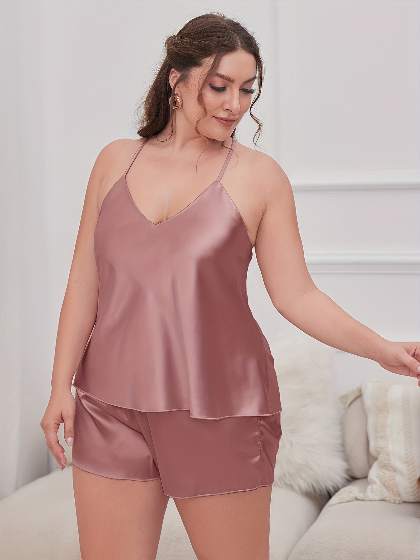 Solid Cami Top & Short Pajamas Set Plus Size Women 2pcs Set