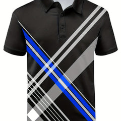 Men's Striped Polo Shirt Active Stretch Button Up Short Sleeve Polo Shirt