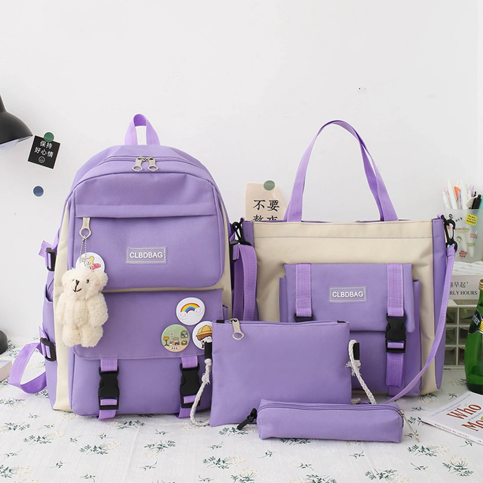 4PCS Nylon Printing Backpack Kindergarten Student Girls Schoolbag Lightweight