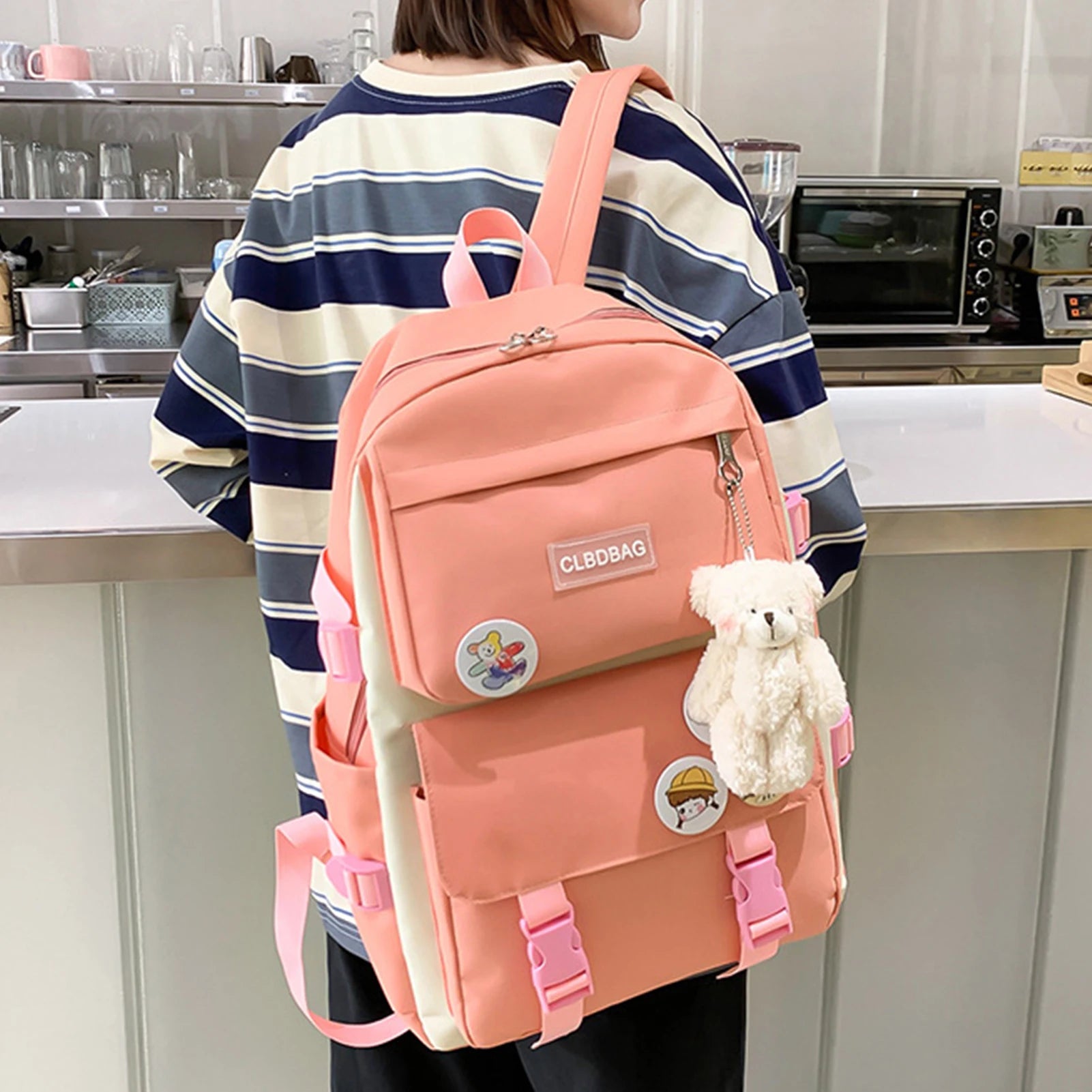 4PCS Nylon Printing Backpack Kindergarten Student Girls Schoolbag Lightweight
