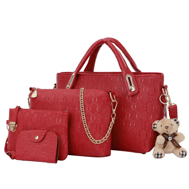 4Pcs Set Ladies Bear Pendant Handbag Shoulder Bag Girls Fashionable PU Leather C
