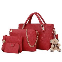 4Pcs Set Ladies Bear Pendant Handbag Shoulder Bag Girls Fashionable PU Leather C