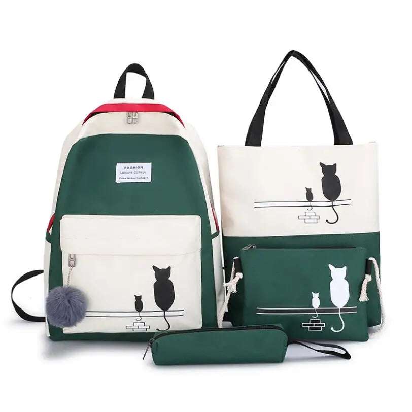 Canvas Cat Pattern School Bag for Girl Panelled Backpack Female Shoulder Bag
