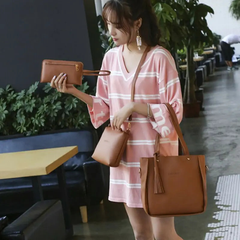 4Pcs Set Women Leather Shoulder Bags Tote Purse Satchel Messenger Bags