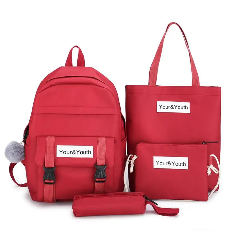 4Pcs/Set Women Canvas Schoolbag Large Capacity Backpack for Teenagers