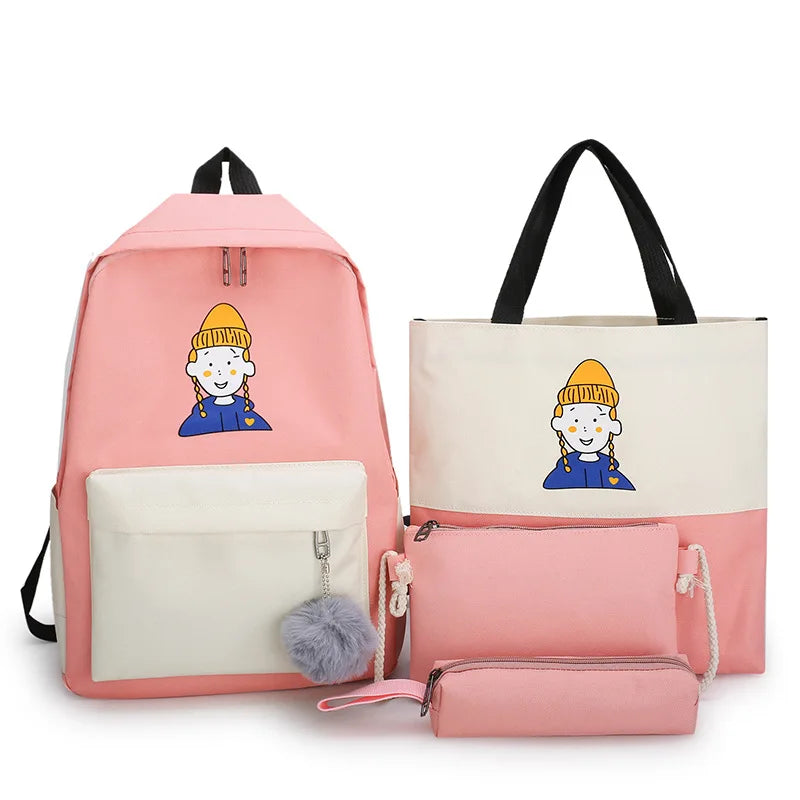 4Pcs Women School Patchwork Backpacks Girls Student Book Bag Boys Bolsas Sac