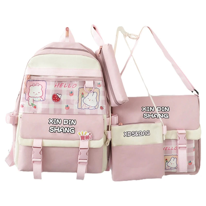 4Pcs Waterproof Nylon Backpack Girl School Bag Lovely Pendant Pin Mini Backpack