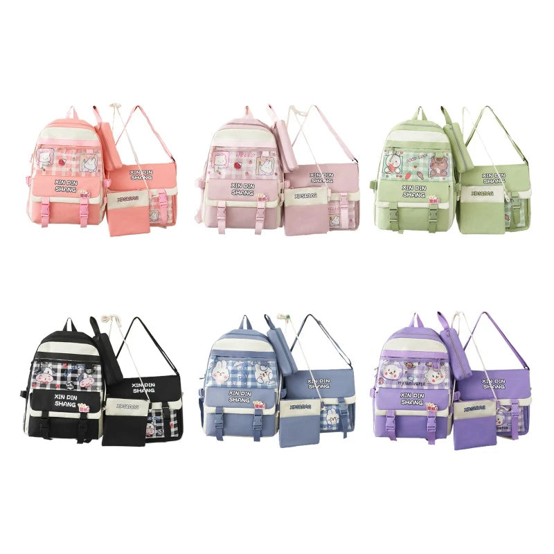 4Pcs Waterproof Nylon Backpack Girl School Bag Lovely Pendant Pin Mini Backpack
